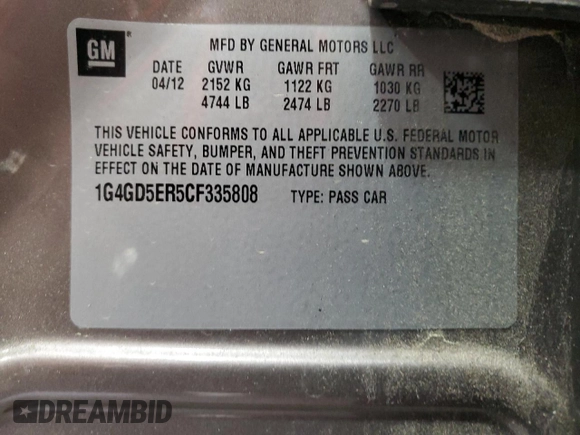 2012 Buick LaCrosse Premium 1 with VIN 1G4GD5ER5CF335808, listed as a Copart auction lot 53086825 with 189,663 mi miles and Salvage Title. Bid and sale history available at carsss.com. Image 12.