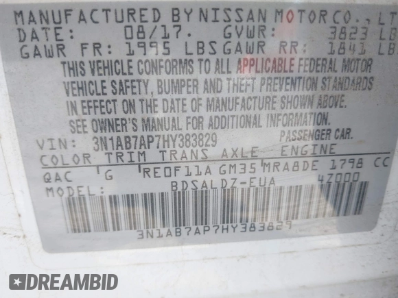 2017 Nissan Sentra S with VIN 3N1AB7AP7HY383829, listed as a IAAI auction lot 41677017 with 84,186 mi miles and . Bid and sale history available at carsss.com. Image 9.