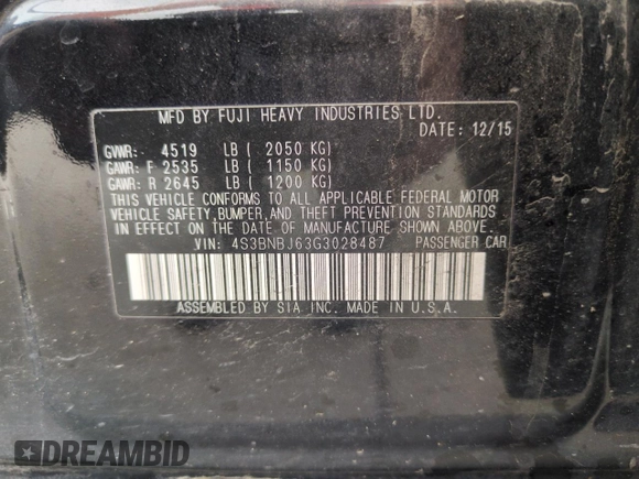 2016 Subaru Legacy Limited with VIN 4S3BNBJ63G3028487, listed as a Copart auction lot 58733915 with Not provided miles and Salvage title. Bid and sale history available at DreamBid. Image 13.