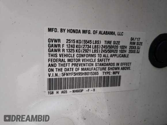 2017 Honda Pilot Touring with VIN 5FNYF5H95HB015365, listed as a Copart auction lot 52371205 with 153,141 mi miles and Salvage title. Bid and sale history available at DreamBid. Image 14.