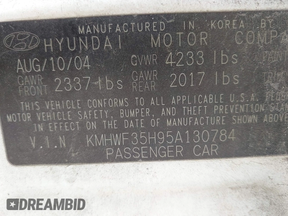 2005 Hyundai Sonata GLS with VIN KMHWF35H95A130784, listed as a IAAI auction lot 41936386 with 220,227 mi miles. Bid and sale history available at carsss.com. Image 9.