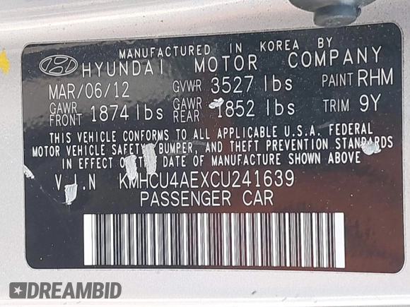 2012 Hyundai Accent GLS with VIN KMHCU4AEXCU241639, listed as a IAAI auction lot 42327411 with 108,939 mi miles and . Bid and sale history available at DreamBid. Image 9.