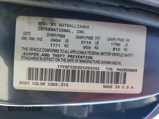2002 Mazda 626 LX with VIN 1YVGF22C825293243, listed as a Copart auction lot 61084684 with 217,339 mi miles and Salvage Title. Bid and sale history available at carsss.com. Image 14.