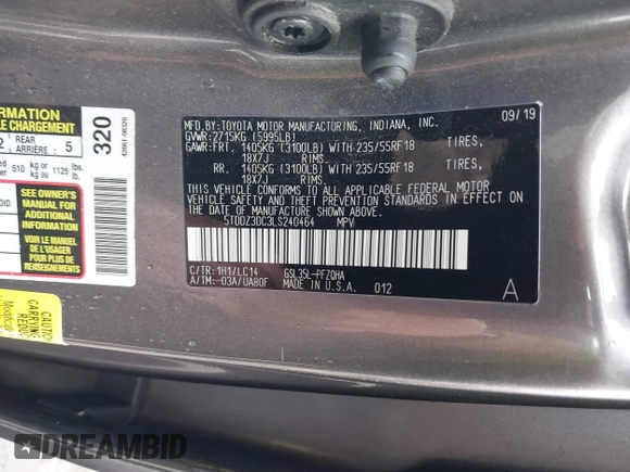 2020 Toyota Sienna XLE with VIN 5TDDZ3DC3LS240464, listed as a IAAI auction lot 41663051 with 41,602 mi miles. Bid and sale history available at carsss.com. Image 9.