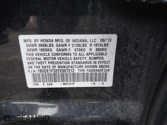 2014 Acura ILX with VIN 19VDE1F32EE007212, listed as a IAAI auction lot 41748681 with 102,710 mi miles and . Bid and sale history available at DreamBid. Image 9.