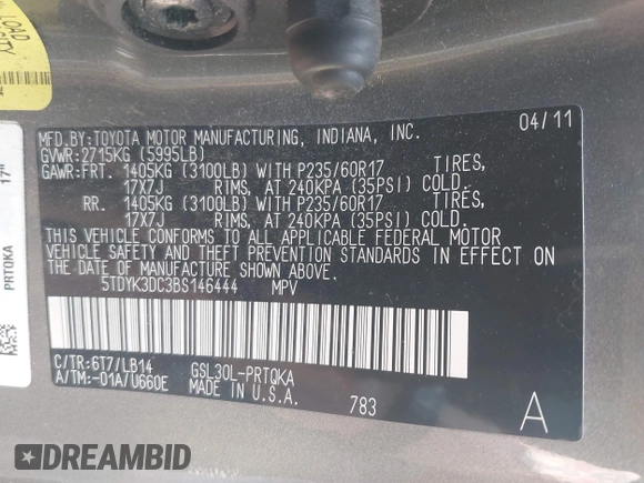 2011 Toyota Sienna XLE AAS z VIN 5TDYK3DC3BS146444, wystawiony jako IAAI lot #42390511 z przebiegiem 230 091 mil mil oraz . Historia ofert i sprzedaży dostępna na DreamBid. Obrazek 9.