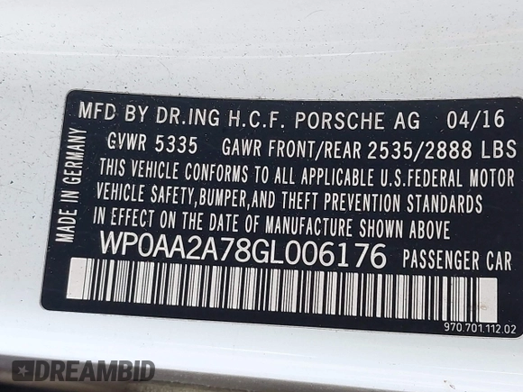2016 Porsche Panamera 4 z VIN WP0AA2A78GL006176, wystawiony jako IAAI lot #41987545 z przebiegiem Nie podano mil oraz . Historia ofert i sprzedaży dostępna na DreamBid. Obrazek 9.