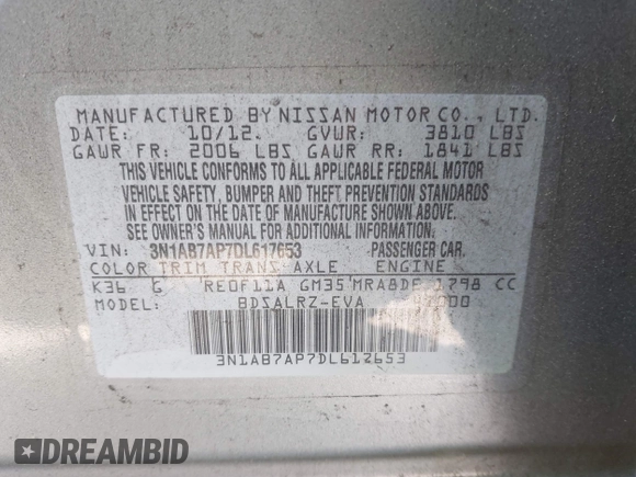2013 Nissan Sentra SR z VIN 3N1AB7AP7DL617653, wystawiony jako IAAI lot #42520941 z przebiegiem 182 099 mil mil oraz . Historia ofert i sprzedaży dostępna na DreamBid. Obrazek 9.