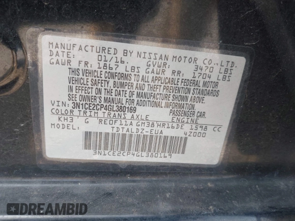 2016 Nissan Note S with VIN 3N1CE2CP4GL380169, listed as a IAAI auction lot 42571878 with 64,046 mi miles and . Bid and sale history available at DreamBid. Image 9.