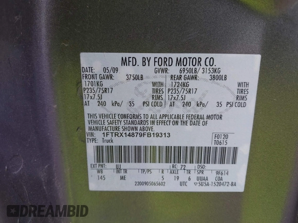 2009 Ford F-150 STX with VIN 1FTRX14879FB19313, listed as a IAAI auction lot 42329994 with 122,083 mi miles and . Bid and sale history available at DreamBid. Image 9.