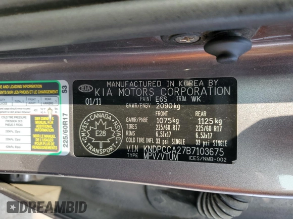 2011 Kia Sportage EX with VIN KNDPCCA27B7103675, listed as a Copart auction lot 58931955 with 259,718 mi miles and Salvage title. Bid and sale history available at DreamBid. Image 14.