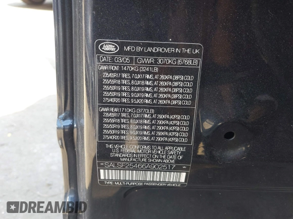 2006 Land Rover Range Rover Sport HSE with VIN SALSF25466A902517, listed as a IAAI auction lot 41722213 with 148,277 mi miles and . Bid and sale history available at DreamBid. Image 9.