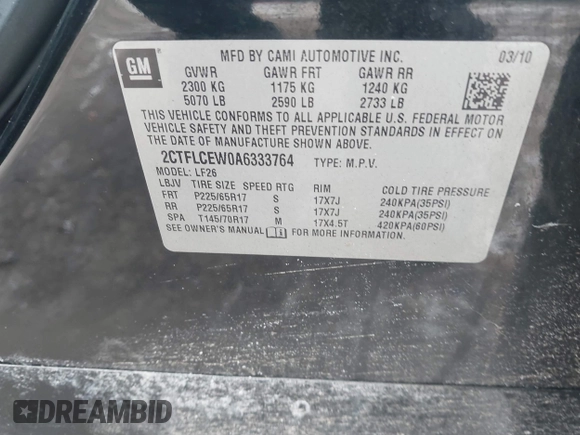 2010 GMC Terrain SLE-1 with VIN 2CTFLCEW0A6333764, listed as a IAAI auction lot 41410557 with 136,633 mi miles. Bid and sale history available at carsss.com. Image 9.