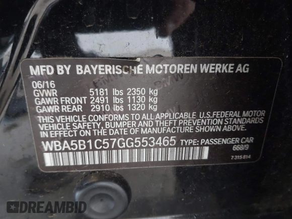 2016 BMW 5 Series 535i with VIN WBA5B1C57GG553465, listed as a IAAI auction lot 41893378 with 77,461 mi miles and . Bid and sale history available at DreamBid. Image 9.