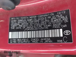 2013 Toyota Prius One with VIN JTDKN3DU0D1639195, listed as a IAAI auction lot 41887377 with 253,934 mi miles and . Bid and sale history available at carsss.com. Image 9.