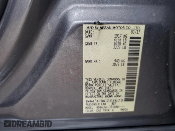 2017 Nissan Altima S with VIN 1N4AL3AP1HC233670, listed as a Copart auction lot 80754154 with 279,655 mi miles and Salvage title. Bid and sale history available at DreamBid. Image 15.