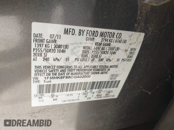 2012 Ford Explorer Limited with VIN 1FMHK8F88CGA02000, listed as a IAAI auction lot 42817185 with 259,088 mi miles and . Bid and sale history available at DreamBid. Image 9.