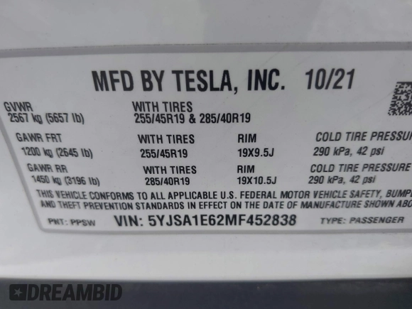 2021 Tesla Model S Plaid z VIN 5YJSA1E62MF452838, wystawiony jako IAAI lot #42726183 z przebiegiem 21 725 mil mil oraz . Historia ofert i sprzedaży dostępna na DreamBid. Obrazek 9.