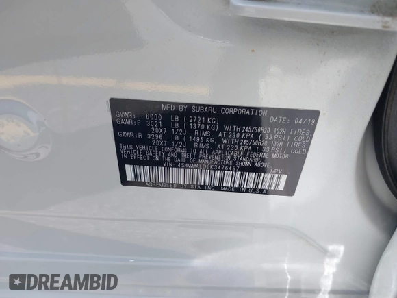 2019 Subaru Ascent Limited with VIN 4S4WMALD0K3476457, listed as a IAAI auction lot 42546044 with 71,296 mi miles and . Bid and sale history available at DreamBid. Image 9.