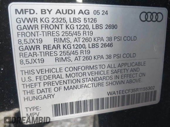 2024 Audi Q3 S line Premium Plus with VIN WA1EECF35R1155302, listed as a IAAI auction lot 41983419 with 7,929 mi miles and . Bid and sale history available at DreamBid. Image 9.