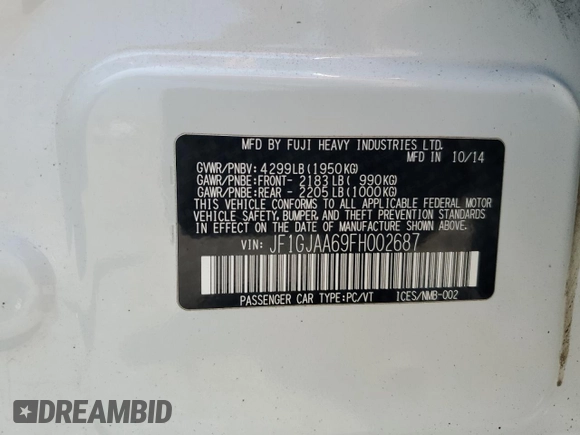 2015 Subaru Impreza with VIN JF1GJAA69FH002687, listed as a Copart auction lot 60653395 with 106,054 mi miles and Salvage title. Bid and sale history available at DreamBid. Image 12.