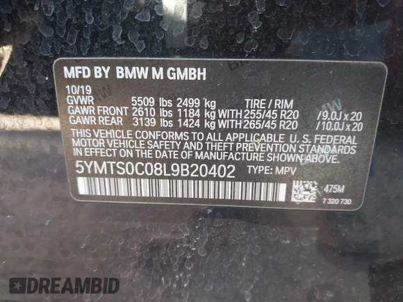 2020 BMW X3 M z VIN 5YMTS0C08L9B20402, wystawiony jako IAAI lot #41761865 z przebiegiem 48 454 mil mil oraz . Historia ofert i sprzedaży dostępna na DreamBid. Obrazek 9.