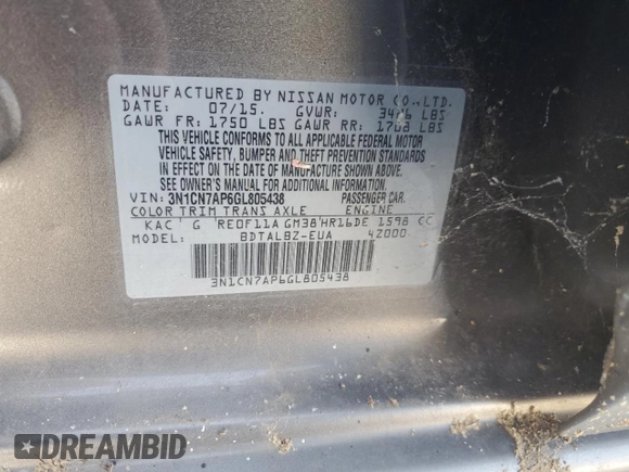 2016 Nissan Versa S with VIN 3N1CN7AP6GL805438, listed as a Copart auction lot 65881305 with 133,732 mi miles and Clean title. Bid and sale history available at DreamBid. Image 12.