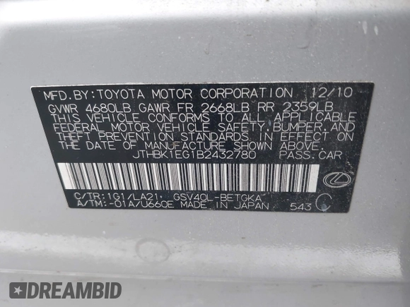 2011 Lexus ES 330 with VIN JTHBK1EG1B2432780, listed as a IAAI auction lot 42112856 with 206,301 mi miles and . Bid and sale history available at DreamBid. Image 9.
