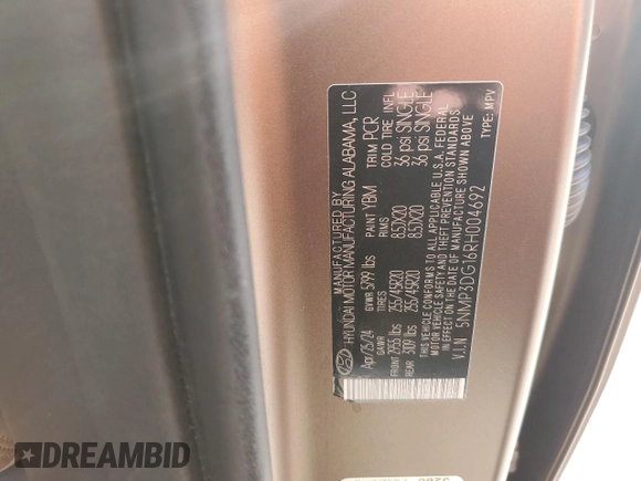 2024 Hyundai Santa Fe Hybrid Limited with VIN 5NMP3DG16RH004692, listed as a Copart auction lot 83897834 with 16,969 mi miles and Salvage Title. Bid and sale history available at carsss.com. Image 13.