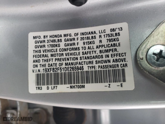 2013 Honda Civic Sdn LX with VIN 19XFB2F51DE265946, listed as a Copart auction lot 84639884 with 0 mi miles and Salvage Title. Bid and sale history available at carsss.com. Image 13.