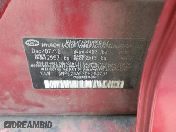 2016 Hyundai Sonata SE with VIN 5NPE24AF7GH360731, listed as a Copart auction lot 42288385 with 107,186 mi miles and Salvage Title. Bid and sale history available at DreamBid. Image 13.