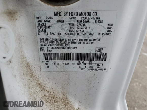 2006 Ford F-250 XL with VIN 1FTSX20506ED96521, listed as a Copart auction lot 53614185 with 105,180 mi miles and Clean title. Bid and sale history available at DreamBid. Image 12.