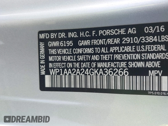 2016 Porsche Cayenne with VIN WP1AA2A24GKA36266, listed as a IAAI auction lot 41857643 with 109,507 mi miles and . Bid and sale history available at DreamBid. Image 9.