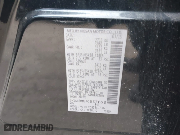 2015 Nissan Pathfinder Platinum with VIN 5N1AR2MM9FC657658, listed as a IAAI auction lot 41628216 with 212,189 mi miles and . Bid and sale history available at DreamBid. Image 9.