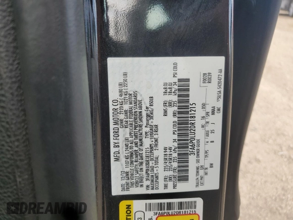 2013 Ford Fusion SE Hybrid с VIN 3FA6P0LU2DR181215, выставлен на аукционе Copart как лот 62474965 с пробегом 149 492 миль миль и Списание • Salvage title. История ставок и продаж доступна на DreamBid. Изображение 12.