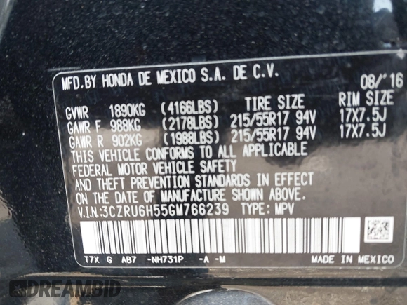 2016 Honda HR-V EX with VIN 3CZRU6H55GM766239, listed as a IAAI auction lot 42209156 with 64,190 mi miles. Bid and sale history available at carsss.com. Image 9.