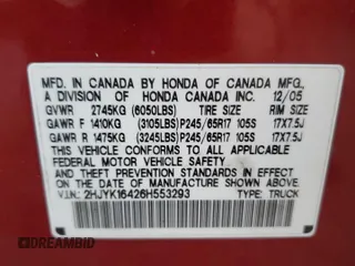 2006 Honda Ridgeline RTS with VIN 2HJYK16426H553293, listed as a Copart auction lot 75463114 with 92,599 mi miles and Non Repairable. Bid and sale history available at carsss.com. Image 12.