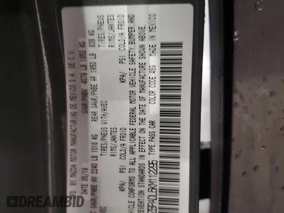 2019 Mazda 3 Preferred with VIN 3MZBPADL6KM112295, listed as a Copart auction lot 45591735 with 35,581 mi miles and Salvage Title. Bid and sale history available at DreamBid. Image 12.