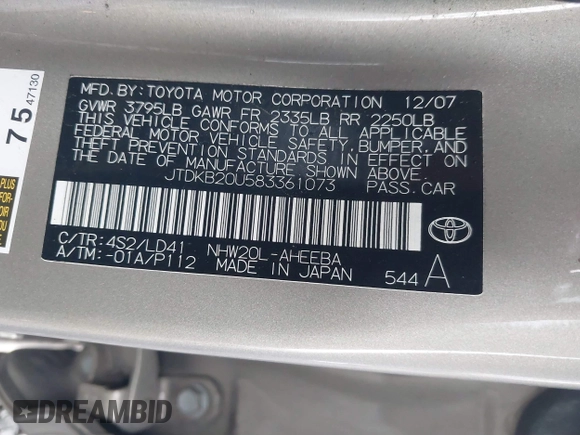 2008 Toyota Prius with VIN JTDKB20U583361073, listed as a IAAI auction lot 41839068 with 120,844 mi miles and . Bid and sale history available at DreamBid. Image 9.
