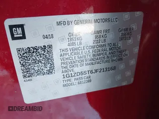 2018 Chevrolet Malibu LT with VIN 1G1ZD5ST6JF213168, listed as a IAAI auction lot 41589030 with 118,491 mi miles and . Bid and sale history available at carsss.com. Image 9.