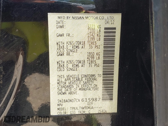 2012 Nissan Armada SV z VIN 5N1BA0ND7CN615987, wystawiony jako IAAI lot #41892790 z przebiegiem Nie podano mil oraz . Historia ofert i sprzedaży dostępna na DreamBid. Obrazek 9.