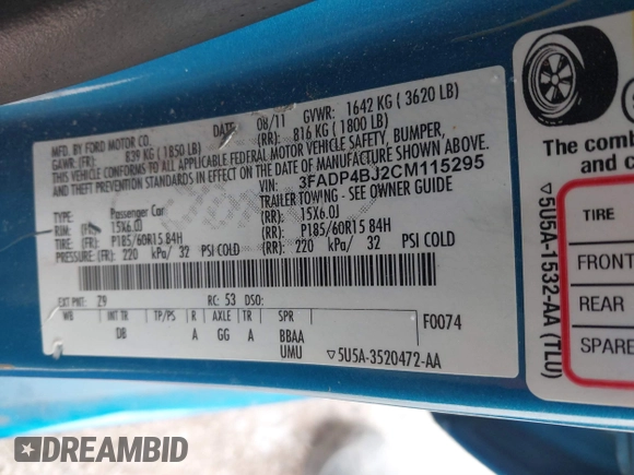 2012 Ford Fiesta SE with VIN 3FADP4BJ2CM115295, listed as a IAAI auction lot 41609949 with Not Provided miles. Bid and sale history available at carsss.com. Image 9.