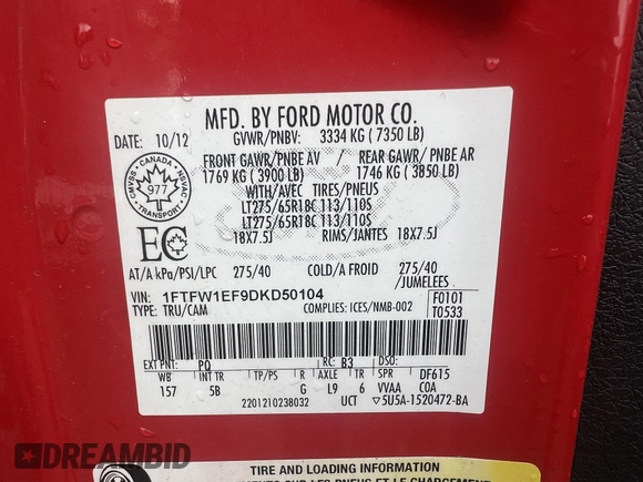 2013 Ford F-150 XL with VIN 1FTFW1EF9DKD50104, listed as a IAAI auction lot 42288872 with 262,904 mi miles and . Bid and sale history available at DreamBid. Image 8.
