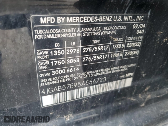 2005 Mercedes-Benz M 350 with VIN 4JGAB57E95A556723, listed as a Copart auction lot 52584115 with 232,283 mi miles and Salvage title. Bid and sale history available at DreamBid. Image 13.