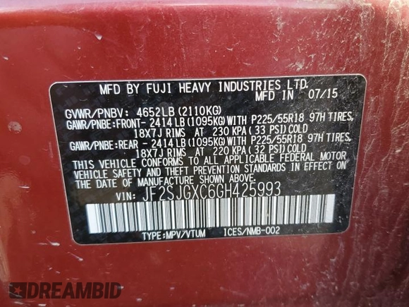 2016 Subaru Forester 2.0XT Touring with VIN JF2SJGXC6GH425993, listed as a Copart auction lot 47891785 with 238,065 mi miles and Salvage Title. Bid and sale history available at carsss.com. Image 15.