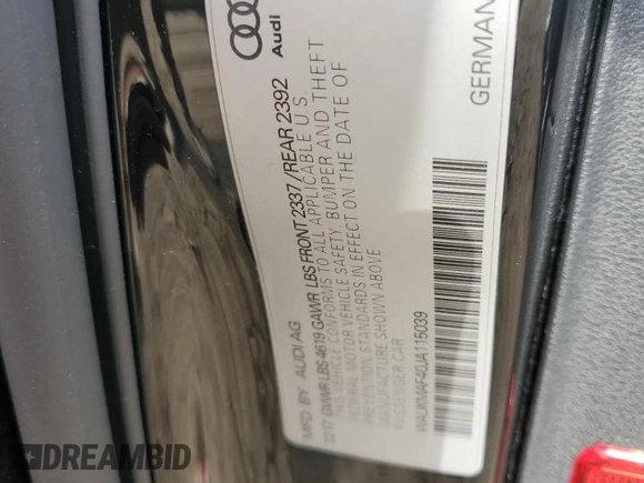 2018 Audi A4 Premium with VIN WAUKMAF40JA115039, listed as a Copart auction lot 79622144 with 57,020 mi miles and Salvage Title. Bid and sale history available at carsss.com. Image 12.