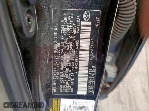 2006 Toyota Avalon XL z VIN 4T1BK36B86U134605, wystawiony jako Copart lot #57638445 z przebiegiem 134 094 mil mil oraz Czysty tytuł • Clean title. Historia ofert i sprzedaży dostępna na DreamBid. Obrazek 12.