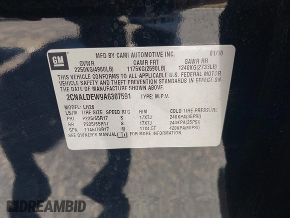 2010 Chevrolet Equinox 1LT with VIN 2CNALDEW9A6307591, listed as a IAAI auction lot 42224551 with 216,168 mi miles and . Bid and sale history available at DreamBid. Image 9.