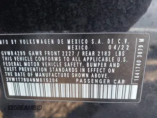 2022 Volkswagen Jetta GLI Autobahn with VIN 3VW1T7BU4NM015204, listed as a IAAI auction lot 42098210 with 29,993 mi miles and . Bid and sale history available at DreamBid. Image 9.
