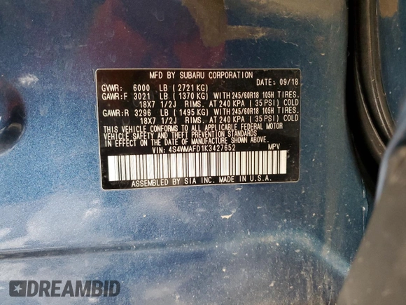 2019 Subaru Ascent Premium with VIN 4S4WMAFD1K3427652, listed as a Copart auction lot 44075025 with 66,965 mi miles and Salvage Title. Bid and sale history available at DreamBid. Image 14.